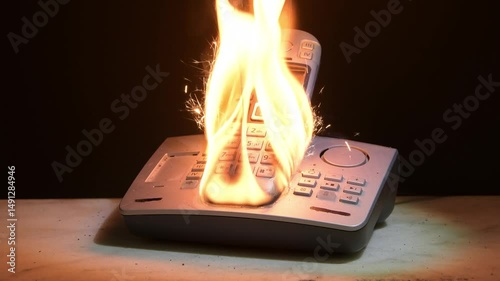 Desktop phone ignition with bright flames and flying sparks. Suitable for visualising the consequences of short circuits or overheating electronics.