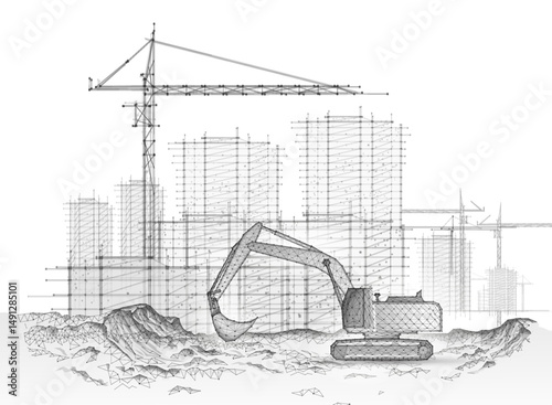 Digital construction site sketch with excavator. Building 3D Printing, Building Information Modeling