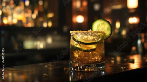 Refreshing cucumber cocktail on a bar counter with ice and citrus in a dimly lit ambience
