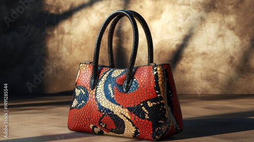 Elegant luxury handbag with bold snake pattern in natural light setting