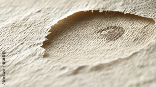 Close-up of textured torn paper with circular tear for artistic background