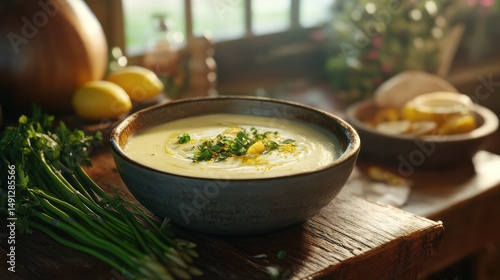 Creamy lemon soup garnished with fresh herbs in rustic kitchen setting