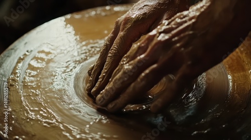 Crafting clay: hands shaping artistic pottery on a spinning wheel