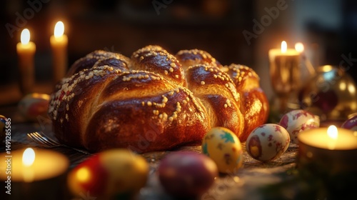 Festive easter bread surrounded by painted eggs and candlelight