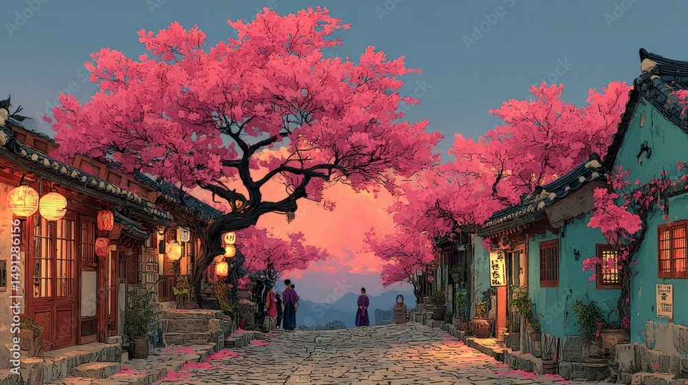 Fototapeta premium Cherry Blossoms in a Traditional Village at Sunset Vibrant Pink Flowers Ancient Architecture
