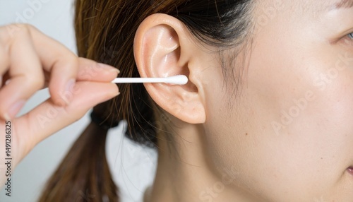耳かきで耳掃除をする日本人女性