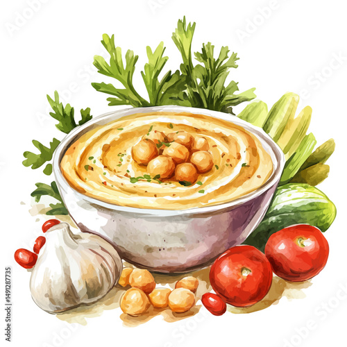 Hummus Surrounded By Vegetables, watercolor painting vector, high quality, isolated on a white background.