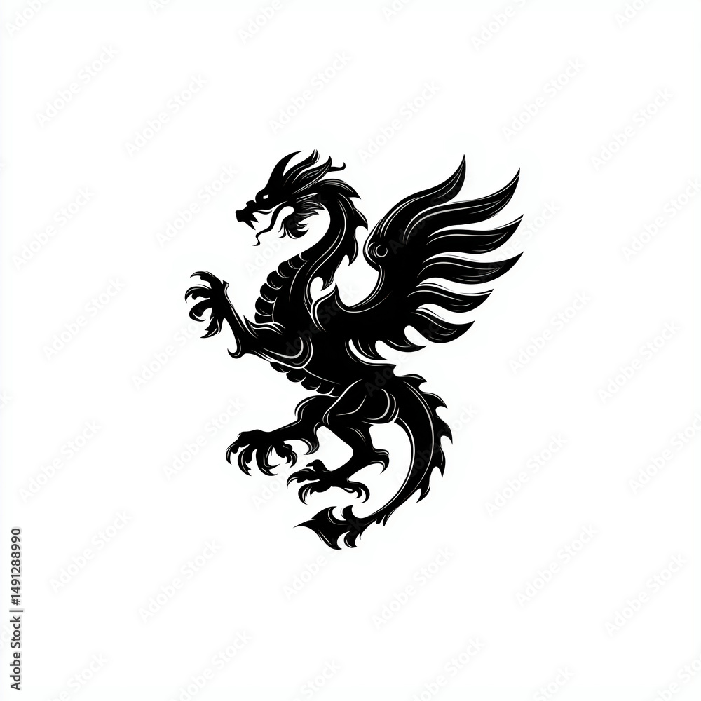 Obraz premium Black Silhouette Dragon: Winged Creature and Mythical Beast in Fantasy Art Illustration - Vector Graphic Monochrome Art in Tribal Style and Medieval Symbol Design