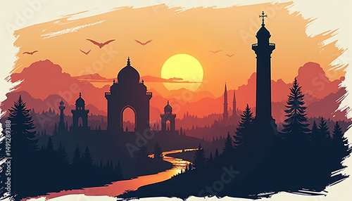 Medieval Castle Silhouette at Sunset with Dramatic Twilight Sky