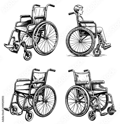 Illustrations of wheelchair designs featuring a seated child  