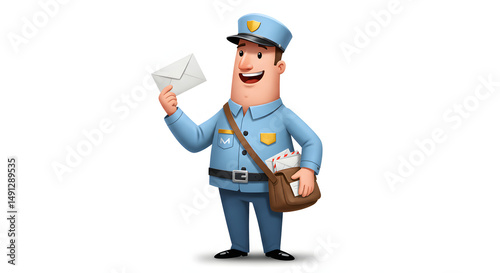 Friendly cartoon mail carrier in a light blue uniform with a shoulder bag full of envelopes. Smiling with one letter in hand, hat tilted slightly forward. Clean and inviting design. 