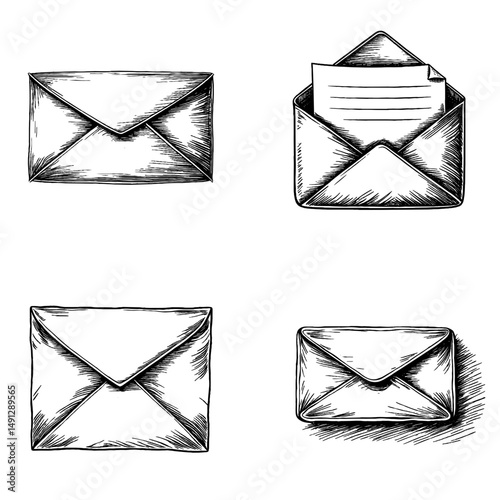 Hand-drawn envelopes with and without paper inside on white background  