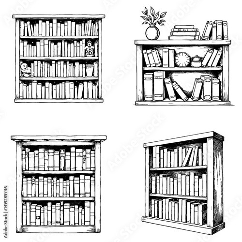 Illustrated bookshelf designs with books and decorative items  