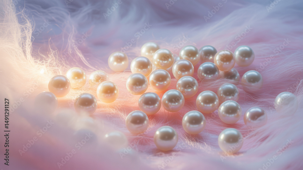 Obraz premium Delicate white pearls floating against a pastel pink and lavender mist, soft glowing light, dreamy and airy composition