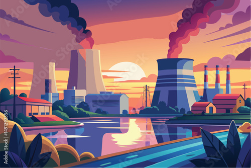 Nuclear power plant vector illustration, industrial energy facility with cooling towers, reactor, and smokestacks in flat style