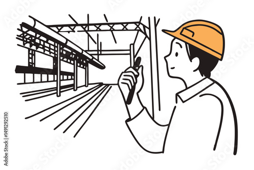 Engineer in safety gear inspecting railway tracks at station, vector illustration, industrial theme