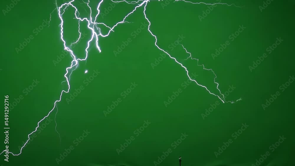 Electric Lightning Strikes Flashing Across Bright Green Chroma Key Background For Storm VFX And Editing