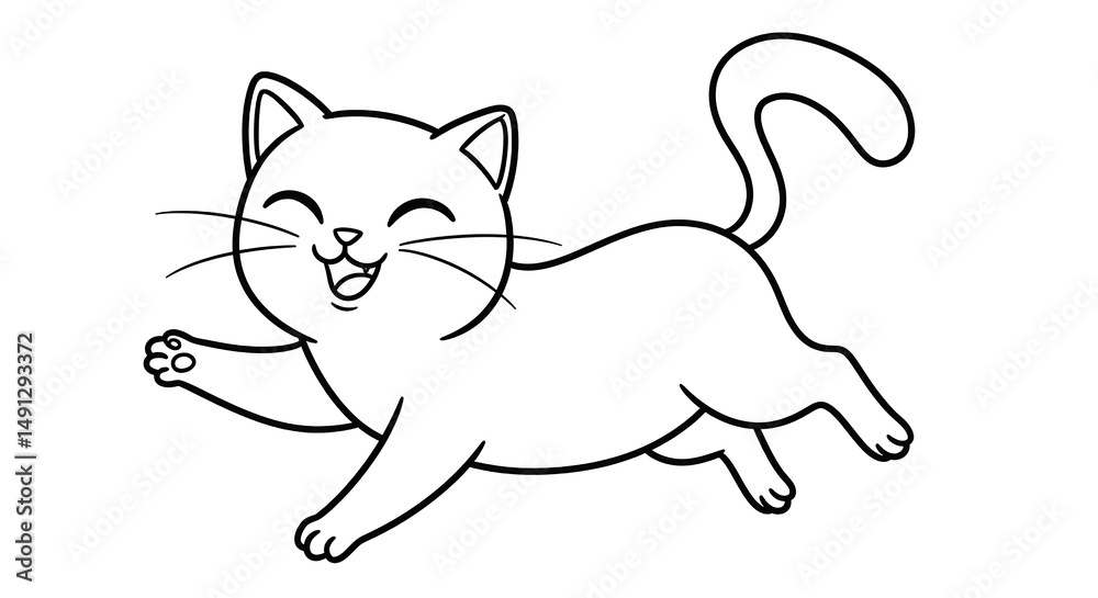 Naklejka premium Happy cat jumping and waving paw in cartoon style line art