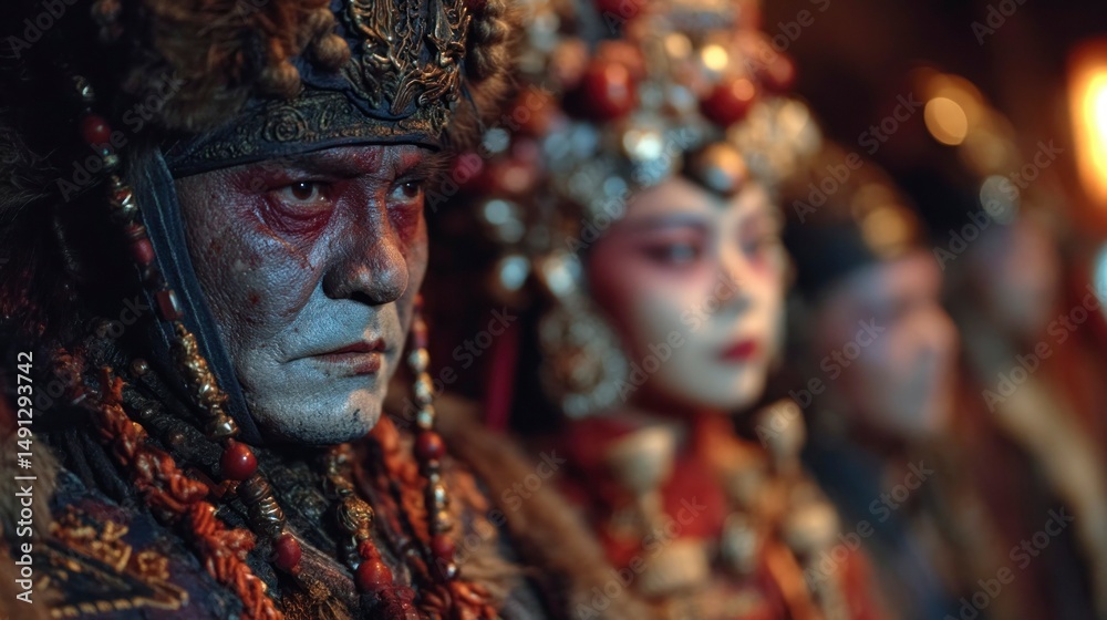 Fototapeta premium Epic Fantasy Characters in Traditional Attire with Intricate Costumes and Makeup