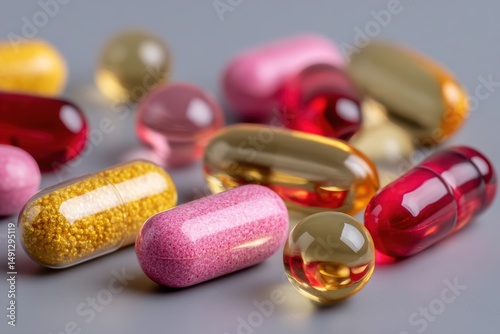 Close-up of vitamins and supplements on table, wellness routine, white background