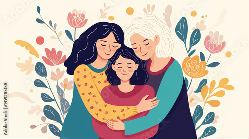 Three generations of women hugging surrounded by flowers on beige background in a flat design illustration