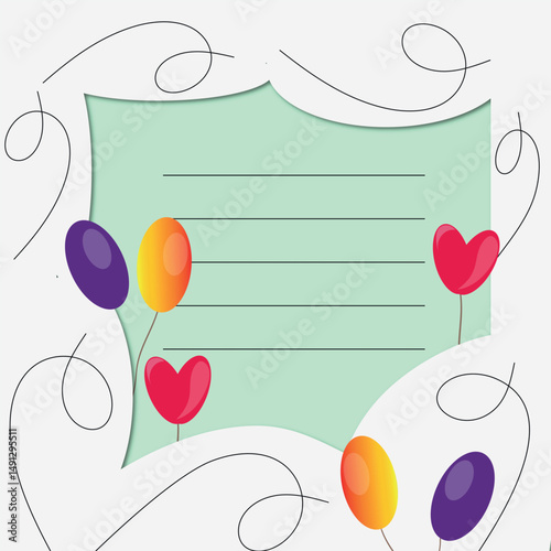 Light and joyful greeting card with pastel balloons, a delicate paper-cut style frame, and playful hand-drawn swirls. Perfect for birthdays, celebrations, or cheerful notes with a handmade feel.