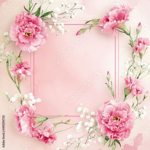 Floral frame with pink carnations and baby's breath for invitations, announcements, or cards, watercolor style on a pink background, perfect for celebrations