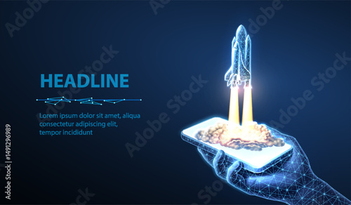 Spaceship takeoff and phone in hand. Rocket launch, Space shuttle, Mission start