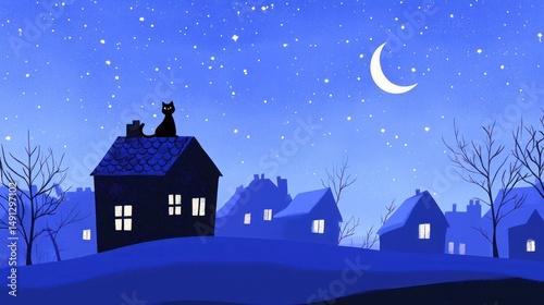 Wallpaper Mural Night scene of a small village with a black cat on a roof under a crescent moon and starry sky Torontodigital.ca