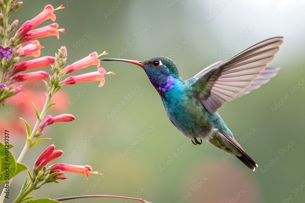 Fototapeta premium Vibrant hummingbird in flight near pink flowers