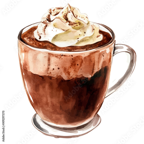 Hot Chocolate Topped With Whipped Cream, watercolor clipart vector, high quality, isolated on a white background.