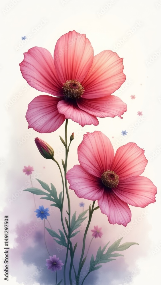Fototapeta premium Vibrant watercolor painting of wildflowers in full bloom with velvet petals and shimmering gold accents