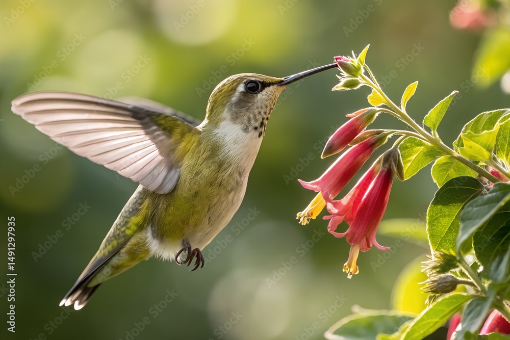 Fototapeta premium Hummingbird feeding on vibrant red flowers in nature