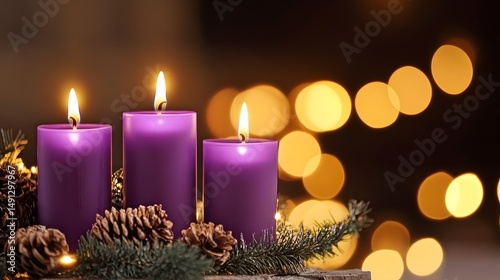 Three Purple Advent Candles with Pine Cones and Festive Lights