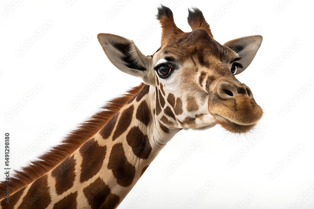 Obraz premium Curious giraffe portrait close up neck and head white background