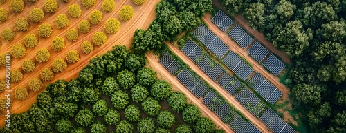 Aerial view Solar farm among orchards