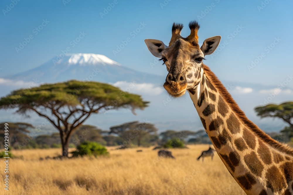Naklejka premium Giraffe portrait against mount kilimanjaro african savanna