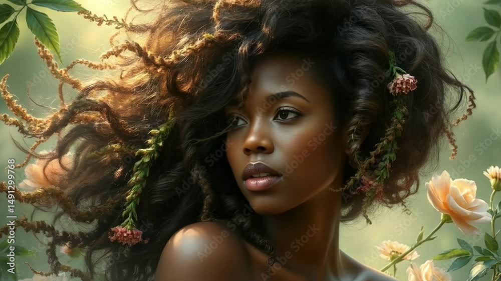 Young african woman with curly hair decorated with flowers on nature background