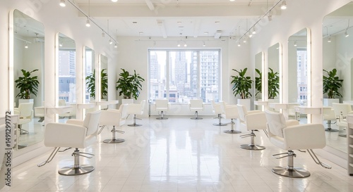 Modern white hair salon interior with styling chairs, mirrors, and city view