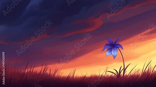 Lonely Blue Flower Sunset Grass Field Landscape