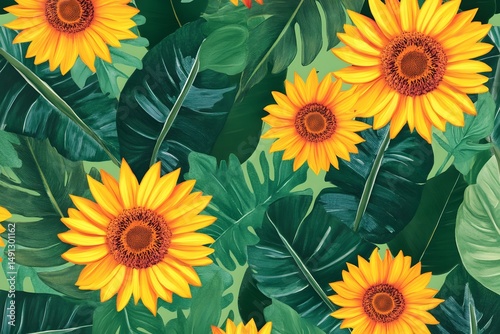 Vibrant Sunflowers Tropical Leaves Summer Floral Pattern