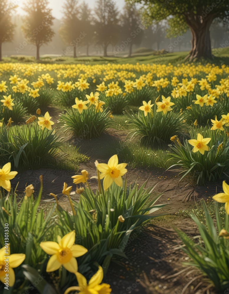 Fototapeta premium Golden daffodil blossoms illuminate a lush green pasture bathed in sunlight , flora, fresh