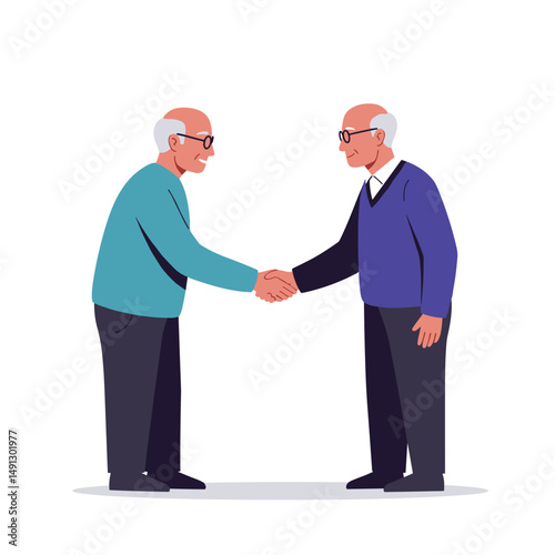 Elderly men shaking hands in a friendly manner against a white background  