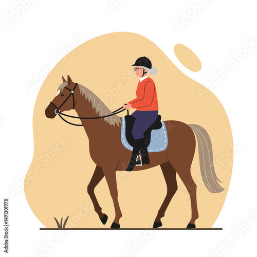 Elderly woman riding horse in equestrian attire on a sunny day  