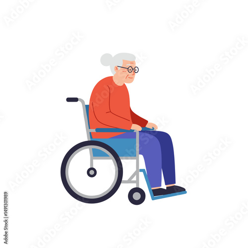 Elderly woman sitting in wheelchair with glasses and gray hair  