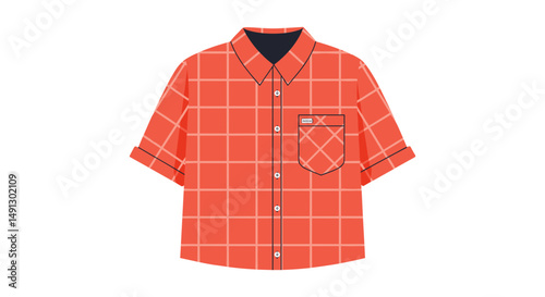Short-sleeve plaid shirt in vibrant orange color with pocket  