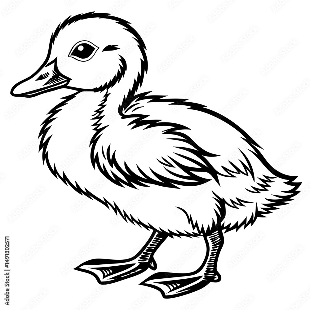Fototapeta premium An adorable duckling stands proudly, captured in a clean and detailed sketch, showcasing its cute and fluffy features. This monochromatic illustration captures the essence of innocence and charm.