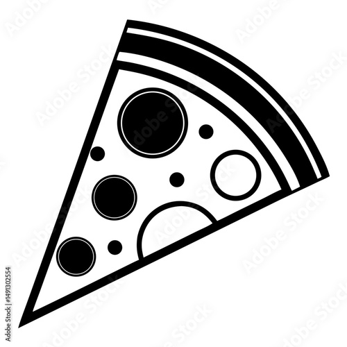A stylized illustration of a delicious pizza slice showcases the classic form of a triangular wedge. Its graphic detailing emphasizes each element. 