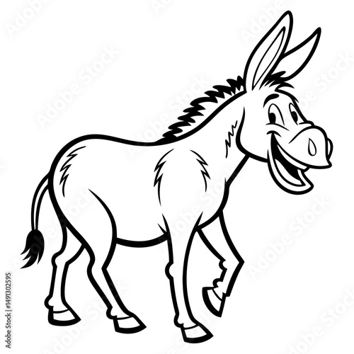 An artistic illustration of a cheerful donkey, meticulously crafted in a clean, black and white design, conveying friendliness and approachability. coloring page