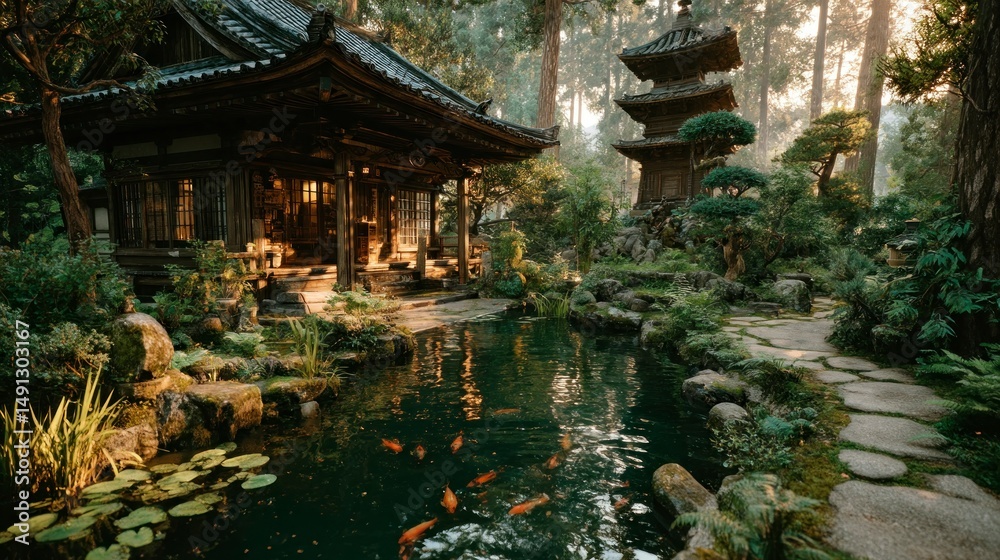 Fototapeta premium Serene Traditional Architecture with Koi Pond and Lush Greenery in a Forest Setting
